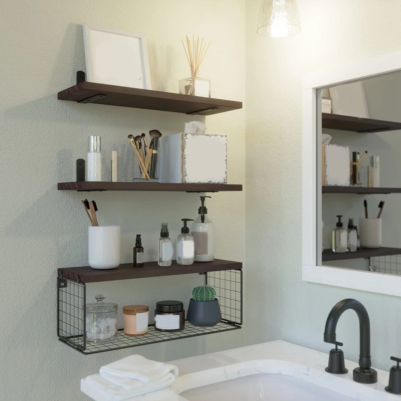 Bathroom Shelves Over Toilet, Floating Bathroom Wall Shelves With Wire Basket, Shelf For Wall Decor