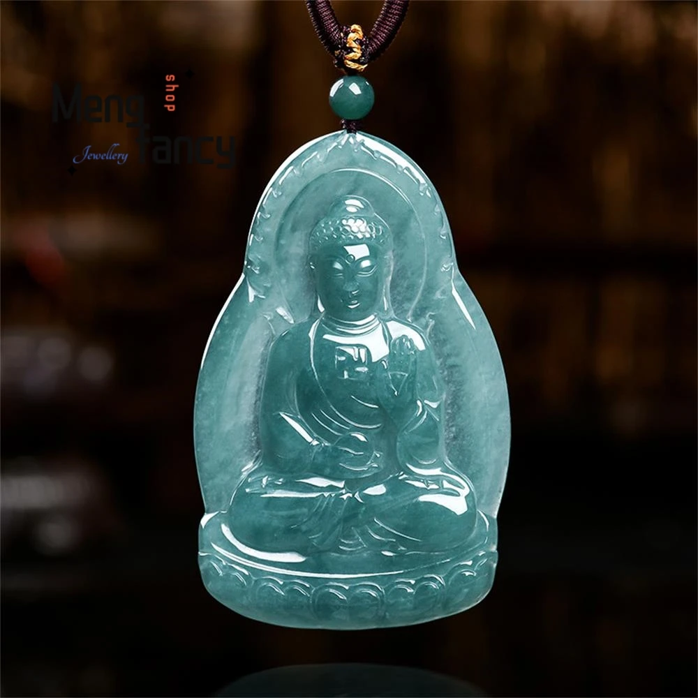 

Natural A-grade Jadeite Blue Water Amitabha Buddha Ice Seed Jade Pendant Zodiac Dog Pig Guardian God High-grade Fashion Jewelry