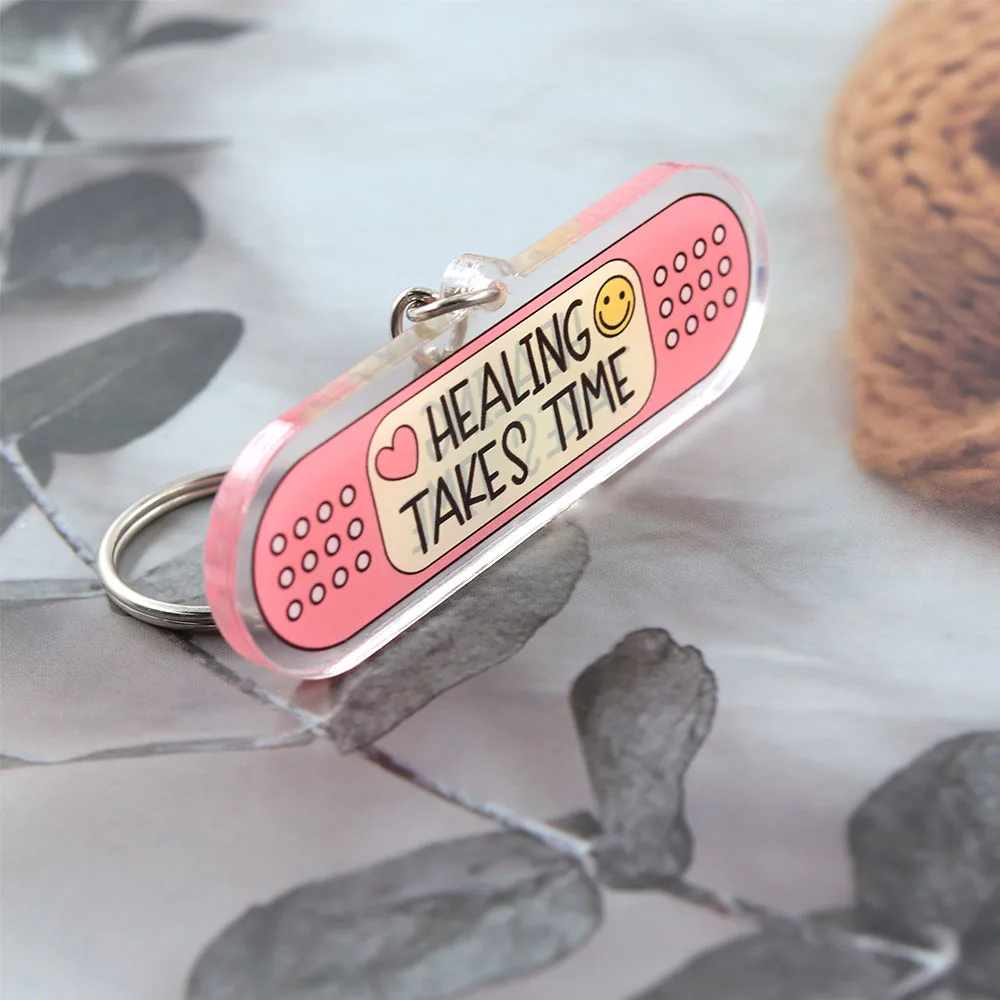 Cute Band-aid Acrylic Keychain Healing Takes Time Quote Keyring Kawaii Pink Medical Badge Bag Pendant Mental Health Awareness Gi
