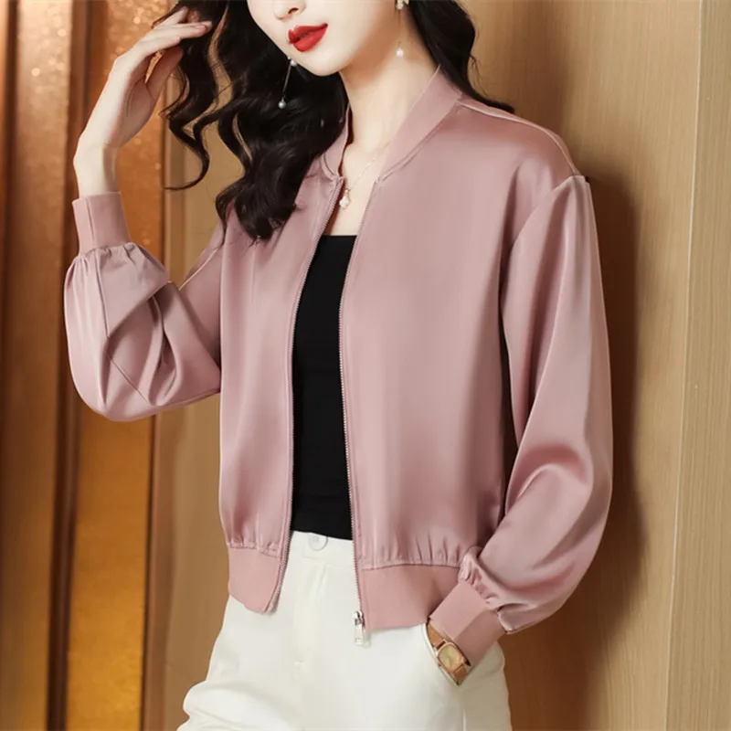 #5356 Spring Autumn Baseball Jacket Women Solid Color Short Outerwear Womens Stand Collar Slim Zipper Office Satin Coat Ladies