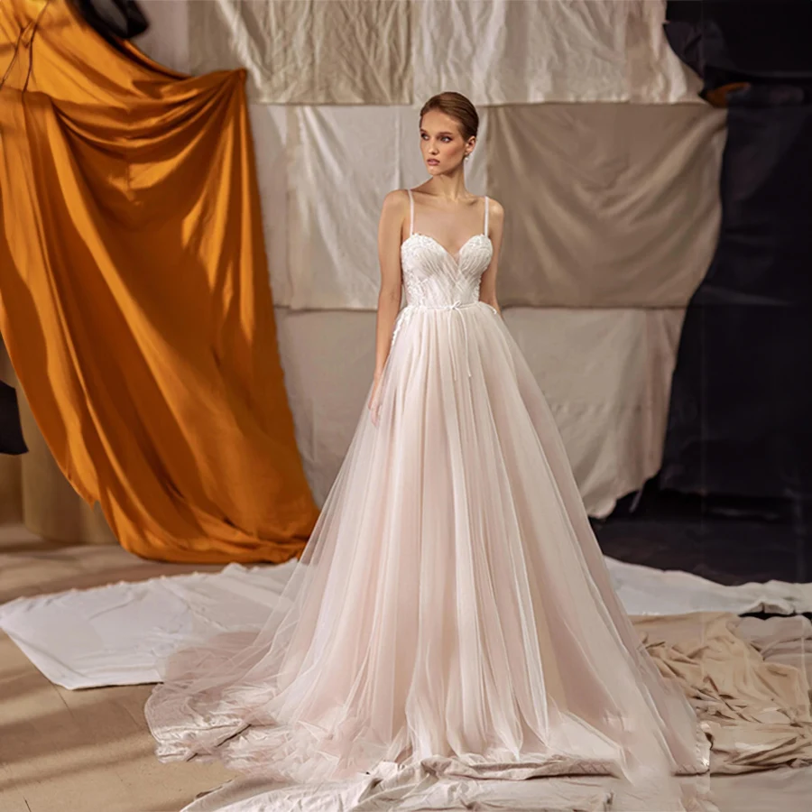 

Sweetheart Lace For Top Spaghetti Strap Sleeveless Evening Gown A-Line Backless Zipper Wedding Gowns vestidos de noche