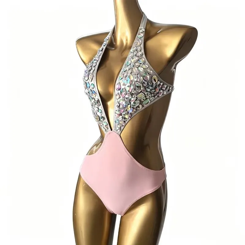 Women's Slim Sexy Pink Crystal Halter Deep V-neck Bikini Hand Sewn Rhinestones Swimsuit Sexy Beach Vacation Bathing Suit