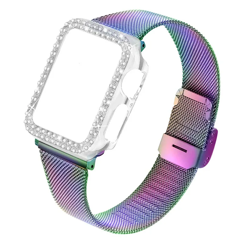 Buckle Closure Milanese Smart Watch Wristband + Rhinestone Watch Protective Case Replacement Bracelet for Apple Watch SE 44mm /