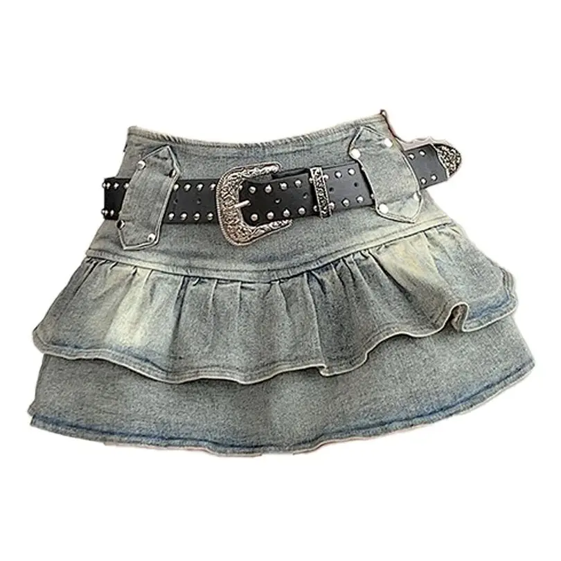 

Women's Vintage Blue Layered Denim Mini Skirt Y2K Harajuku High Street 2000S Style A-Line Sexy Short Skirts Fashion Clothing New