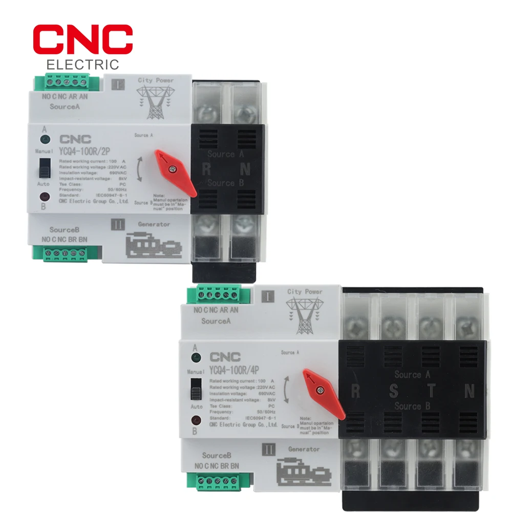 

CNC YCQ4-100R 2P/4P Din Rail ATS Dual Power Automatic Transfer Switch 63A/100A AC230V Switch Power Switching Device