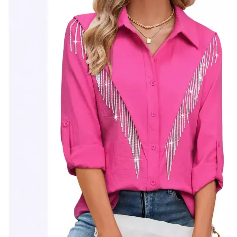 

Fashion Sparkling Rhinestone Fringe Shirt Women's Spring Summer Button Long Sleeve Blouse New Casual Simple Female Office Top