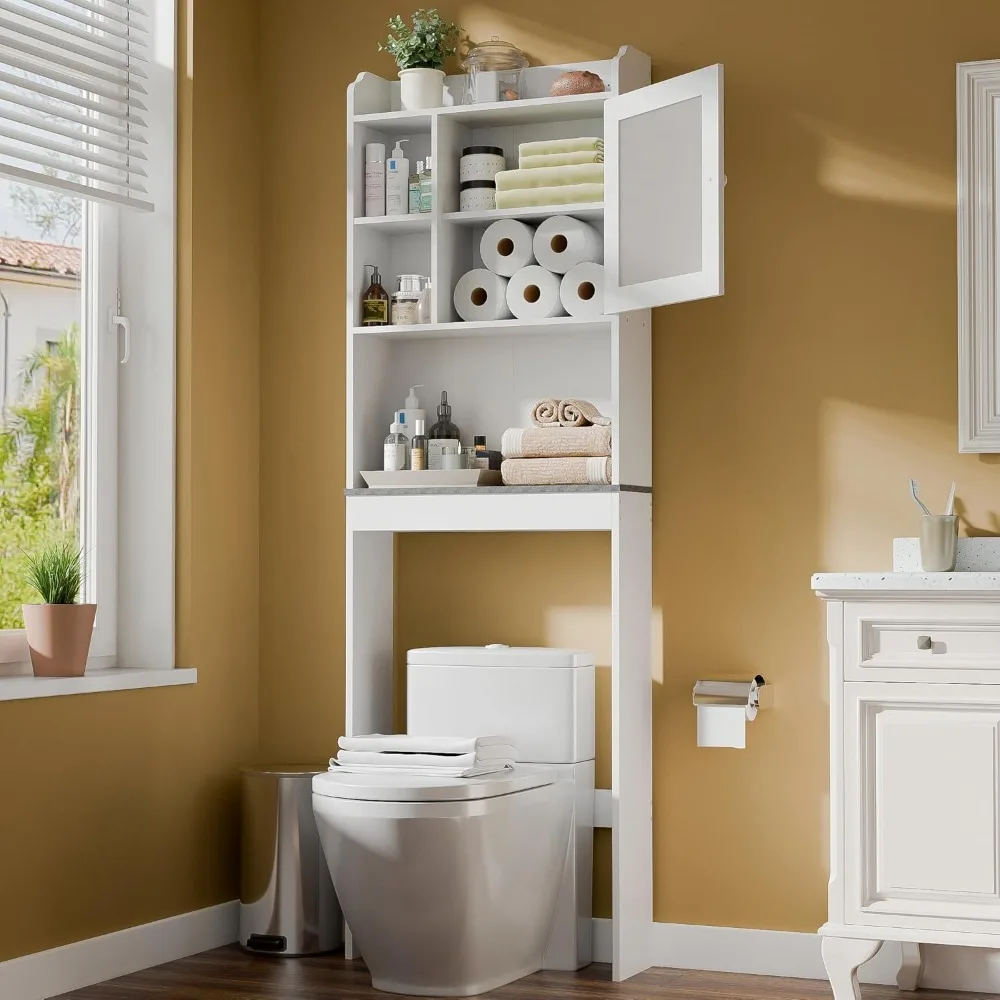 Over Het Toilet Badkamer Opbergkast Vrijstaande Houten Badkamer Organizer Met Verstelbare Planken En Glazen Deur, Wit