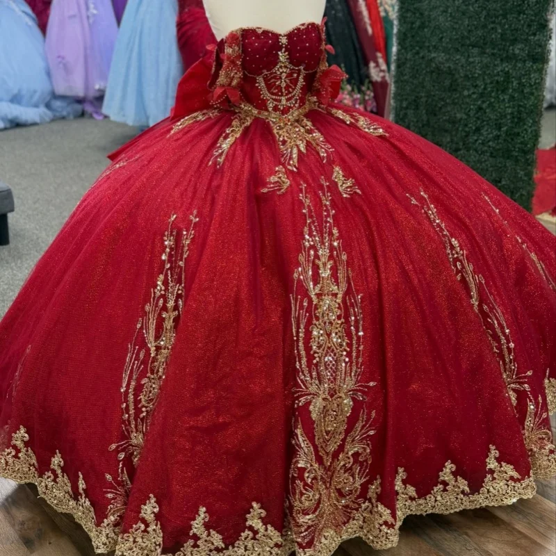 

Burgundy Quinceanera Dress off-shoulder Golden Glitter Crystal Decal Long tail Bow vestidos de 15 Quinceanera ﻿Customize
