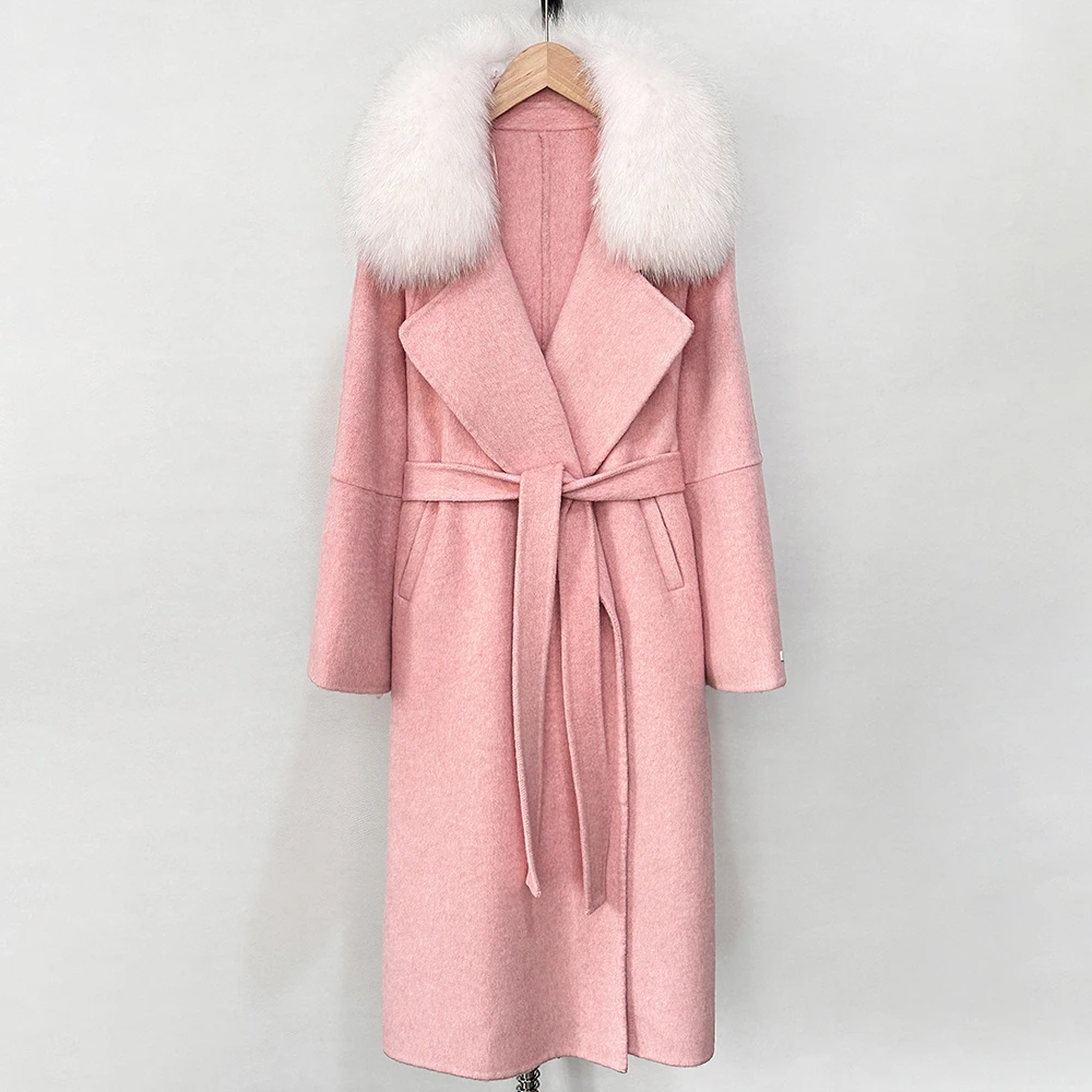 Chaqueta de piel de zorro cálida de lana elegante para mujer, abrigo de lana a la moda, abrigo largo de primavera con cuello de piel auténtica y grande para mujer, abrigo de piel de realidad