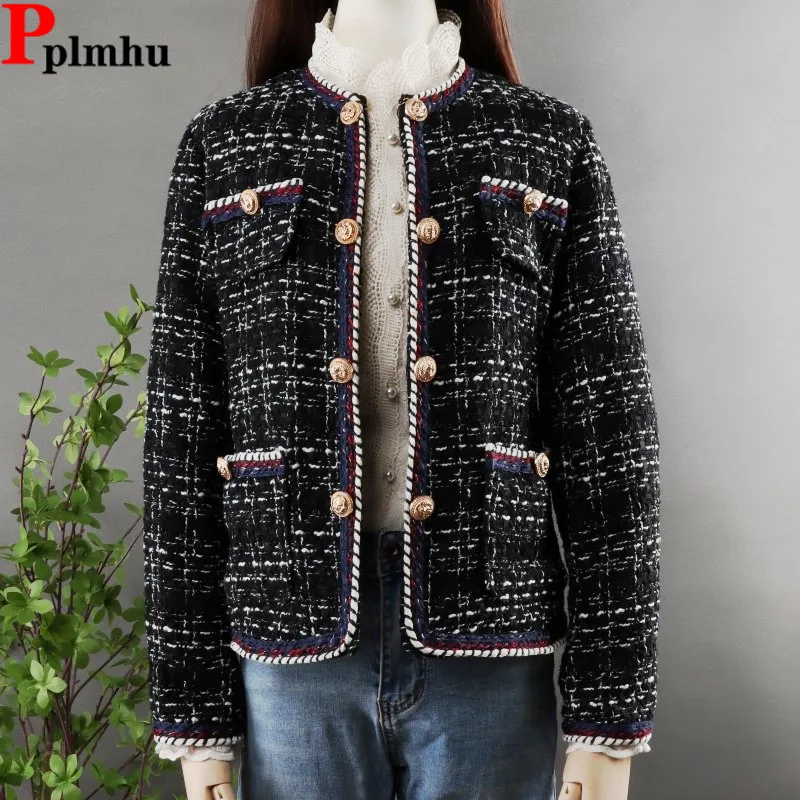 

Vintage Plaid Tweed Wool Blend Jackets Korean Slim New Fashion Double Breasted Casual Chaquetas Casaco Women Spring Fall Vestes