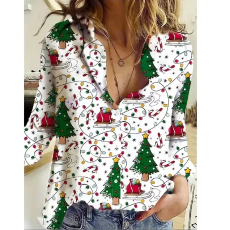 2024 Women\'s New 3d Christmas Printed Long Sleeve Shirts Elegant Lapel Long Sleeve Top Winter Spring Single-Breasted Basic Shirt