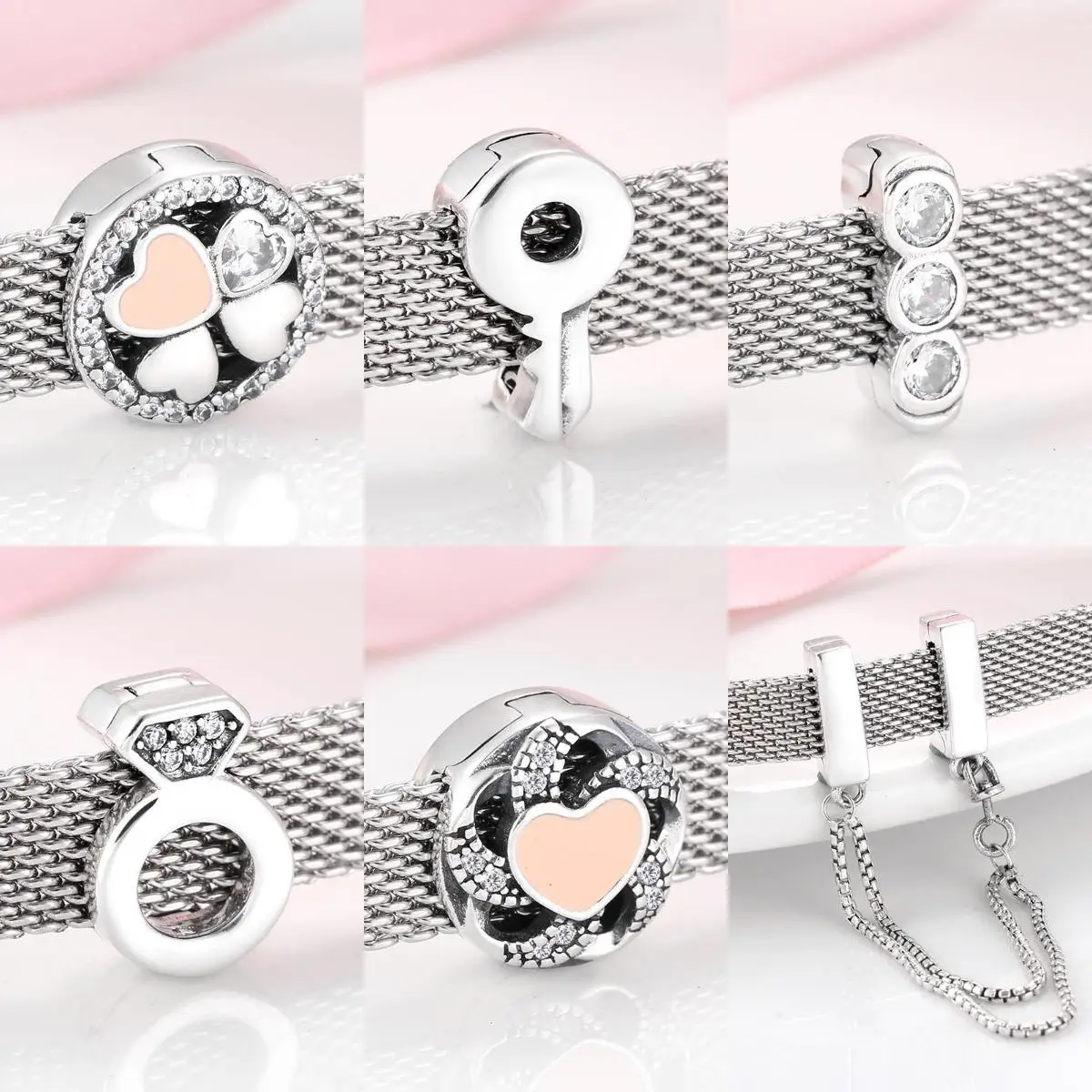 Hot 925 Sterling Silver Sparkling Charms CZ Flower Hearts Clip Beads Fit Women Reflection Charm Bracelet Bead Jewelry Making