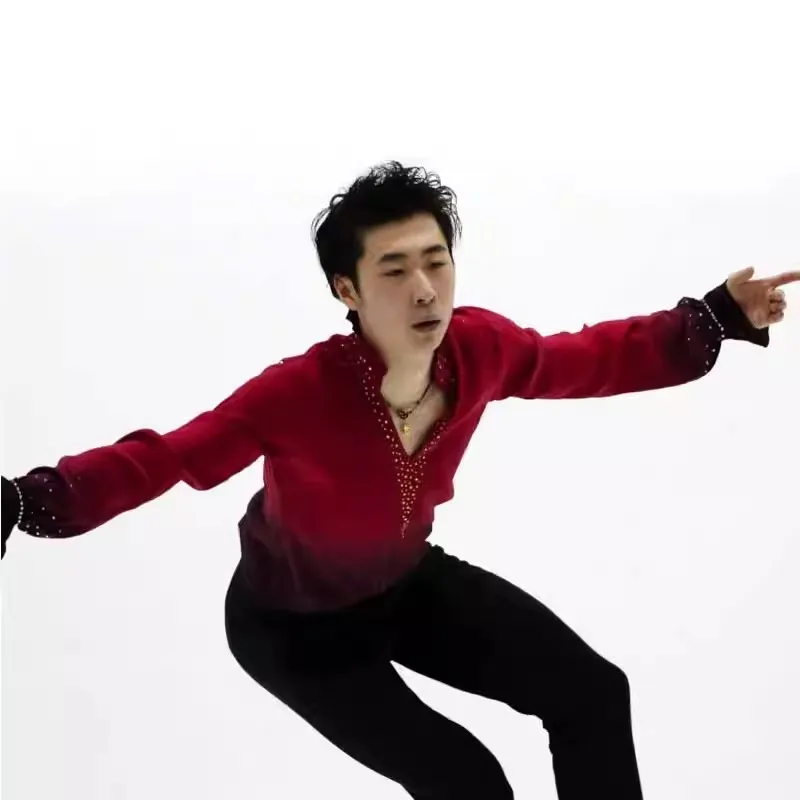 Body de patinaje artístico para gimnasia con diamantes de imitación brillantes para hombre, mono, mono de manga larga, vestido de gimnasia de manga larga