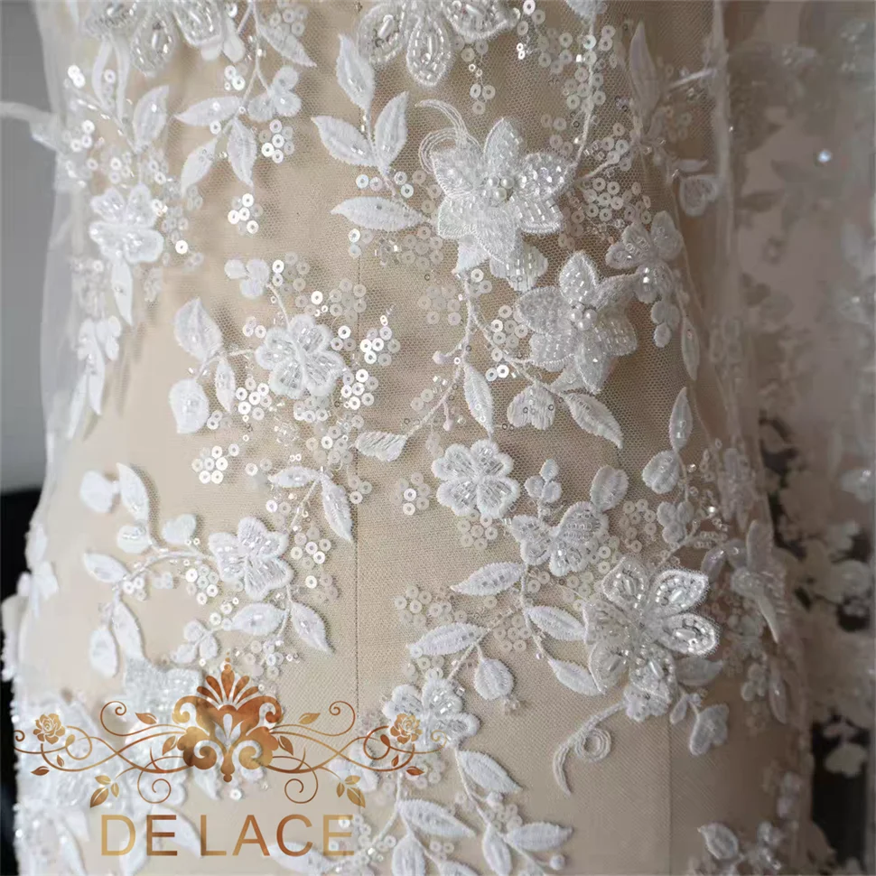 

JZQ Gorgeous Heavy Beaded Lace Shining Sequins Lace Fancy 3D Flower Fabric Hot Sell Wedding Dress Lace Fabric