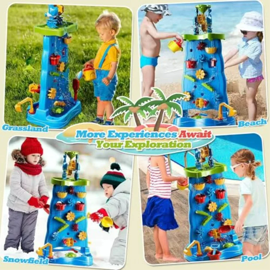 Outdoor waterfall explorating wall sensory table for toddlers, double-sided water and sand play, blue and yellow plastic, 35-pi