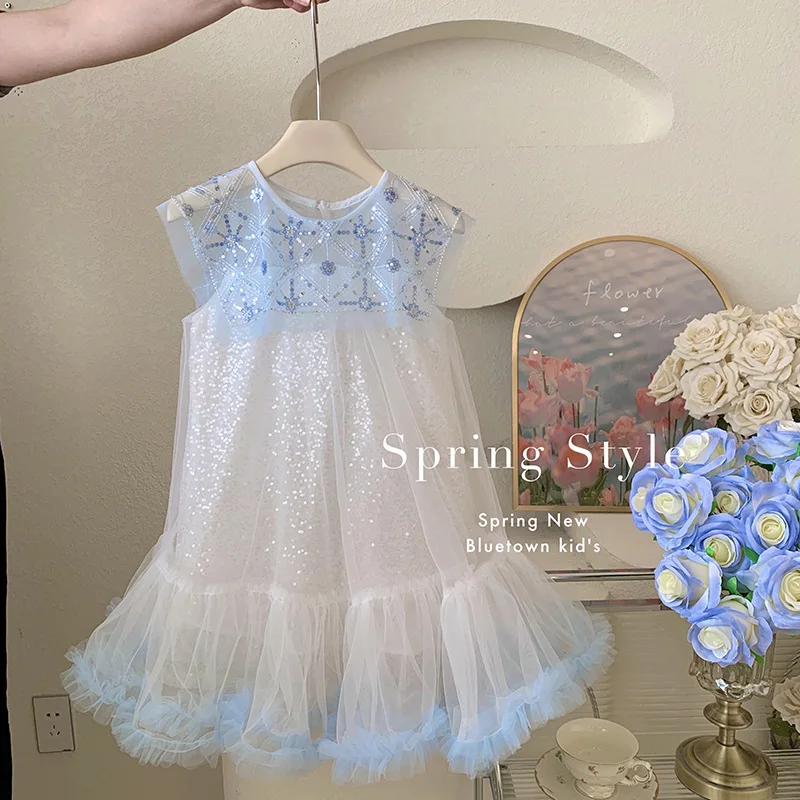 Girls Dress 2024 Summer New Blue Dress Birthday Dress Princess Skirt Baby Girl Sweet Cute Gentle Clothes