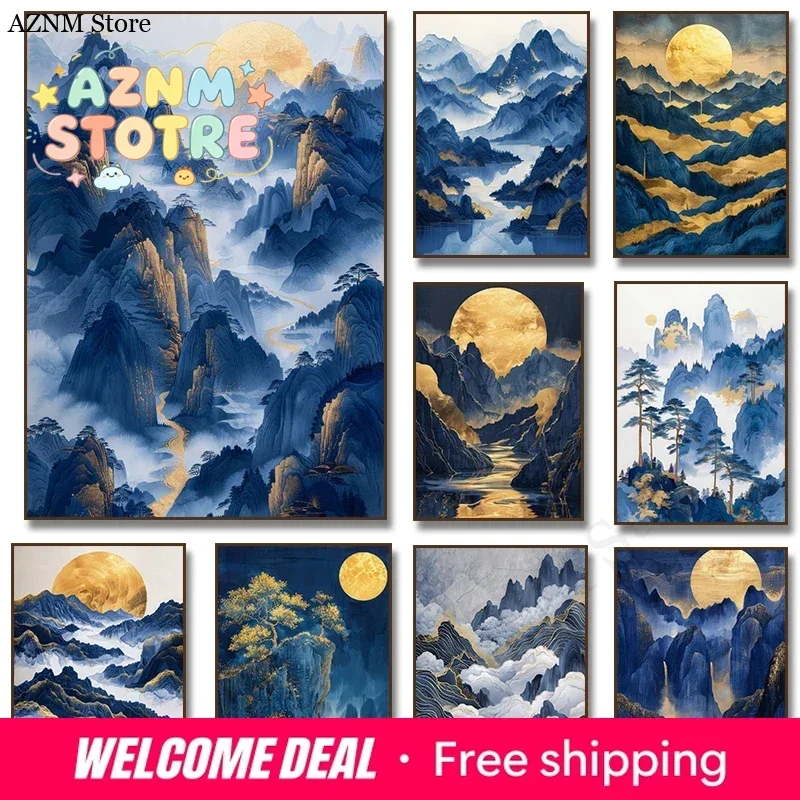 Landscape Blue Mountain Tree Forest Pine Temple River Gold Sun Poster Canvas Painting Print Wall Art for Living Room Home Dec
