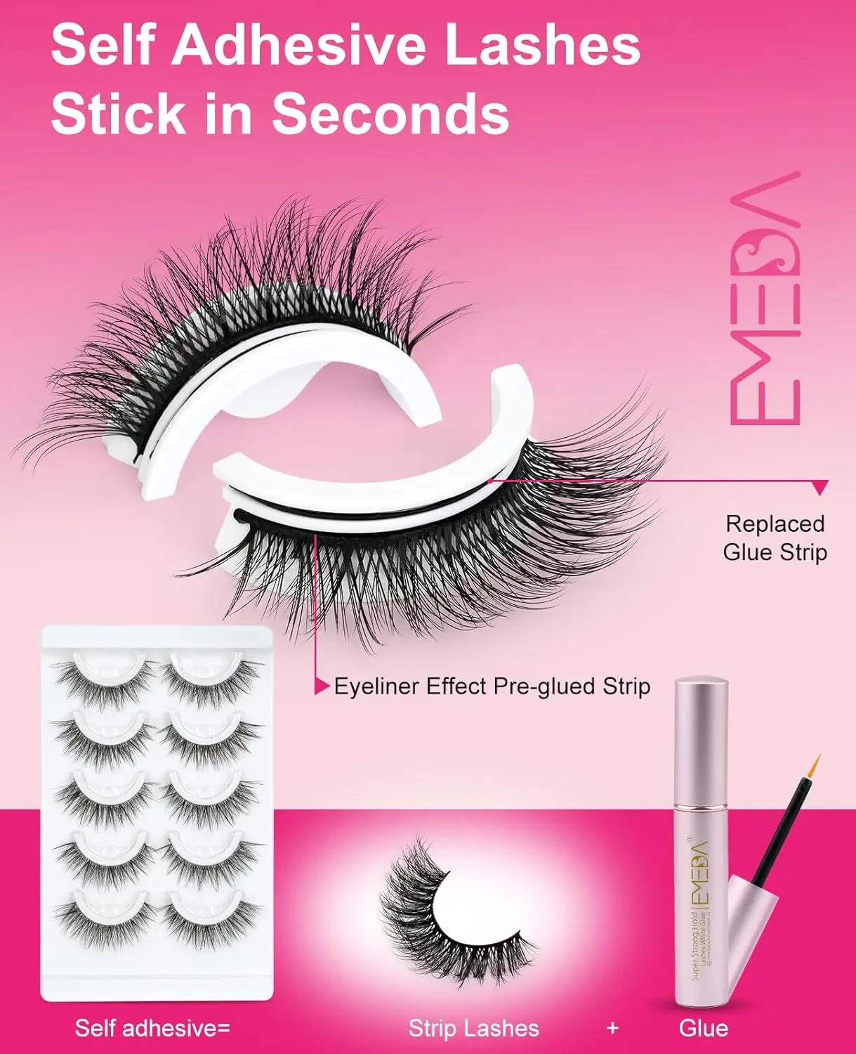 Ciglia incollate 5 paia Ciglia con striscia a pressione Ciglia autoadesive Ciglia morbide e sottili Nessuna colla necessaria Ciglia finte (EMEDA-BB)