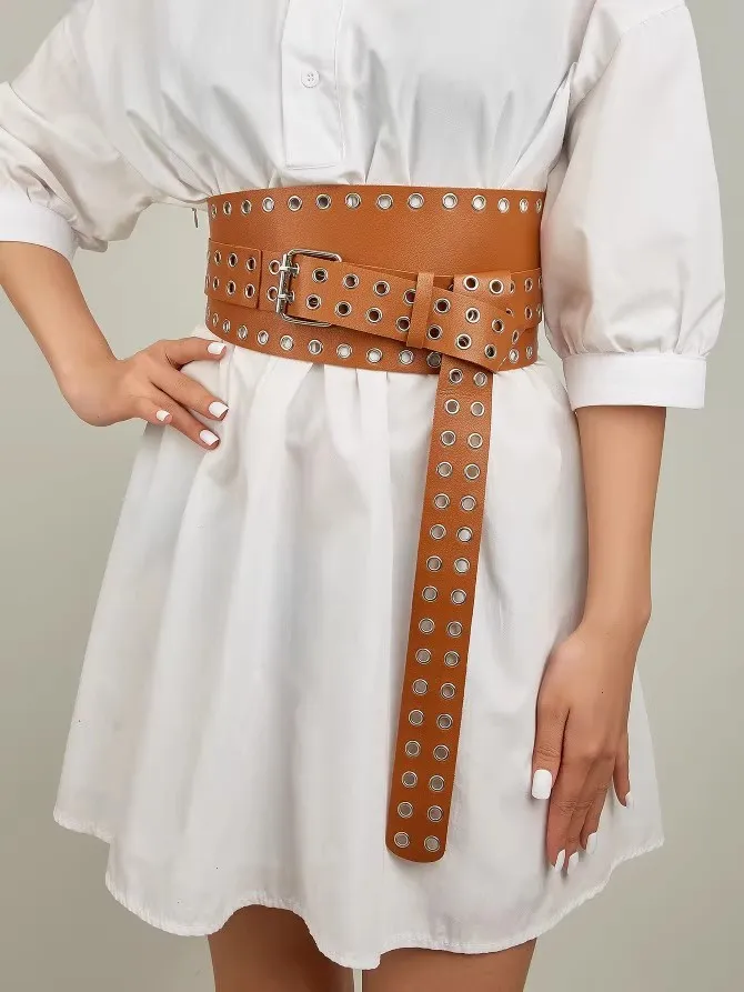 Women's Fashion PU Leather Hollow Out Rivet Corset Female Cummerbund Coat Waistband Dress Decration Wide Belt J385