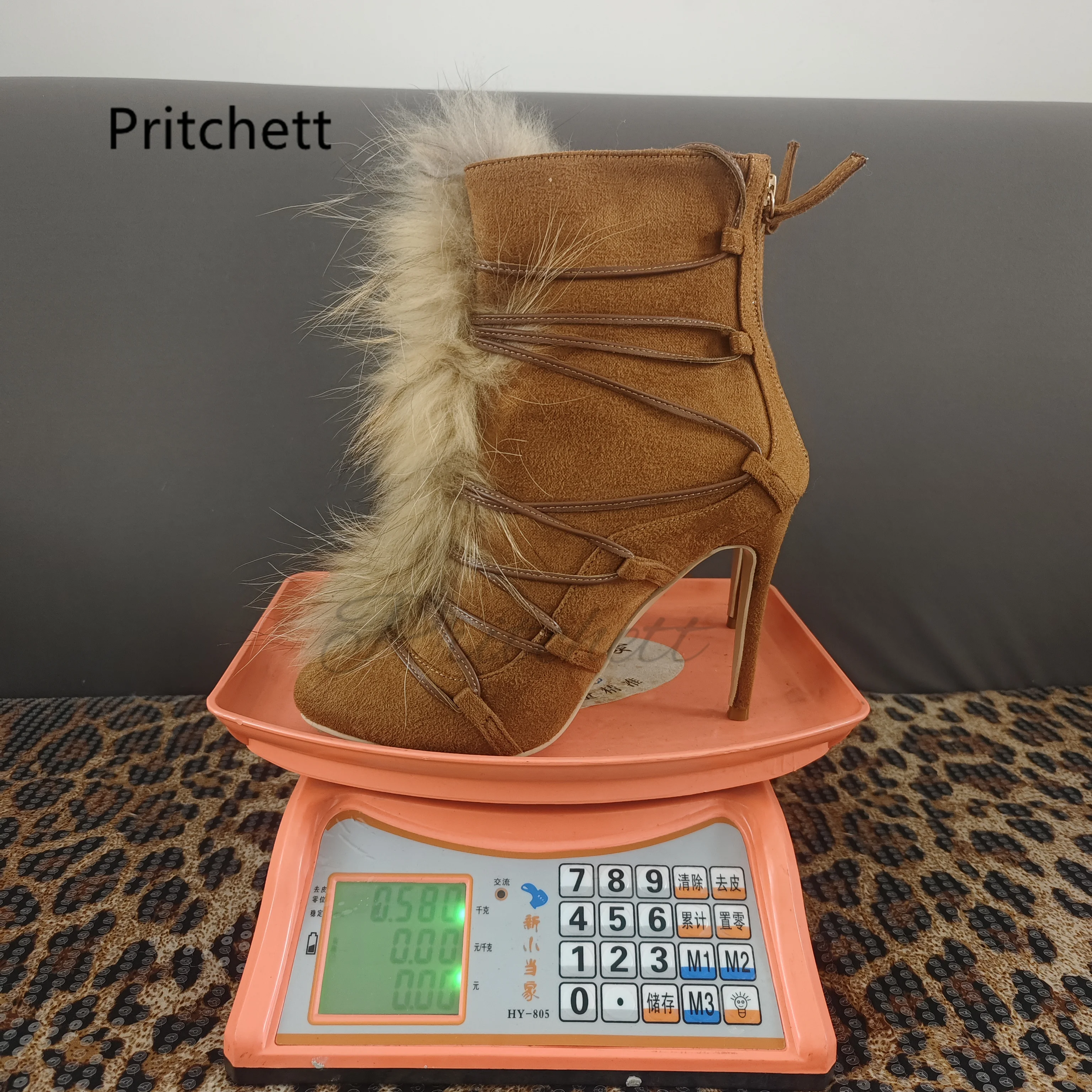 Real Fur Brown Suede Ankle Boots for Women Stiletto High Heels Cross Tie Snow Boots Female Pointed Toe Back Zipper Winter Shoes
