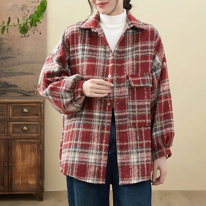 Angola Red Plaid Woolen irt Jaet Women's plus Size Slimming Meat Covering Medium Length irt Top Polyester Fiber 00%