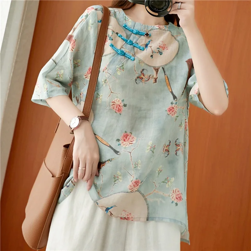 

2024 Style Retro Round Neck Printed Spring and Summer Women's Wear Diagonal Flap Button Shirt Fashion Loose Short Sleeved Tops