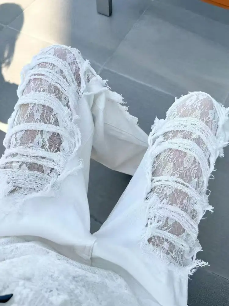 Vintage Harajuku Lace Distressed Jeans Women Wide-leg Jeans Hole High Waist Straight Pants Slim Joker Pants All-match Trendy New