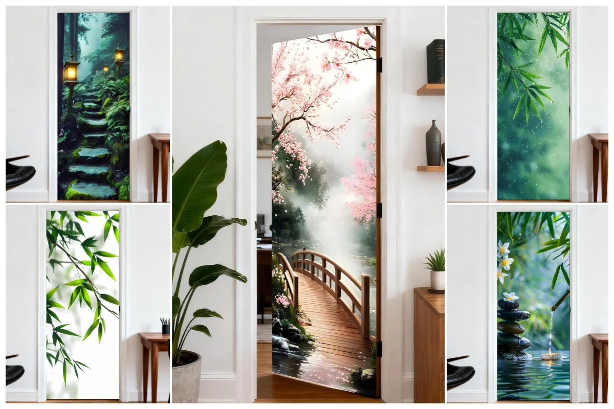 Cherry Blossom Bridge Door Sticker Pink Flowers Japanese Garden Wall Decal Zen Nature Self-Adhesive Removable Mural Decor Art