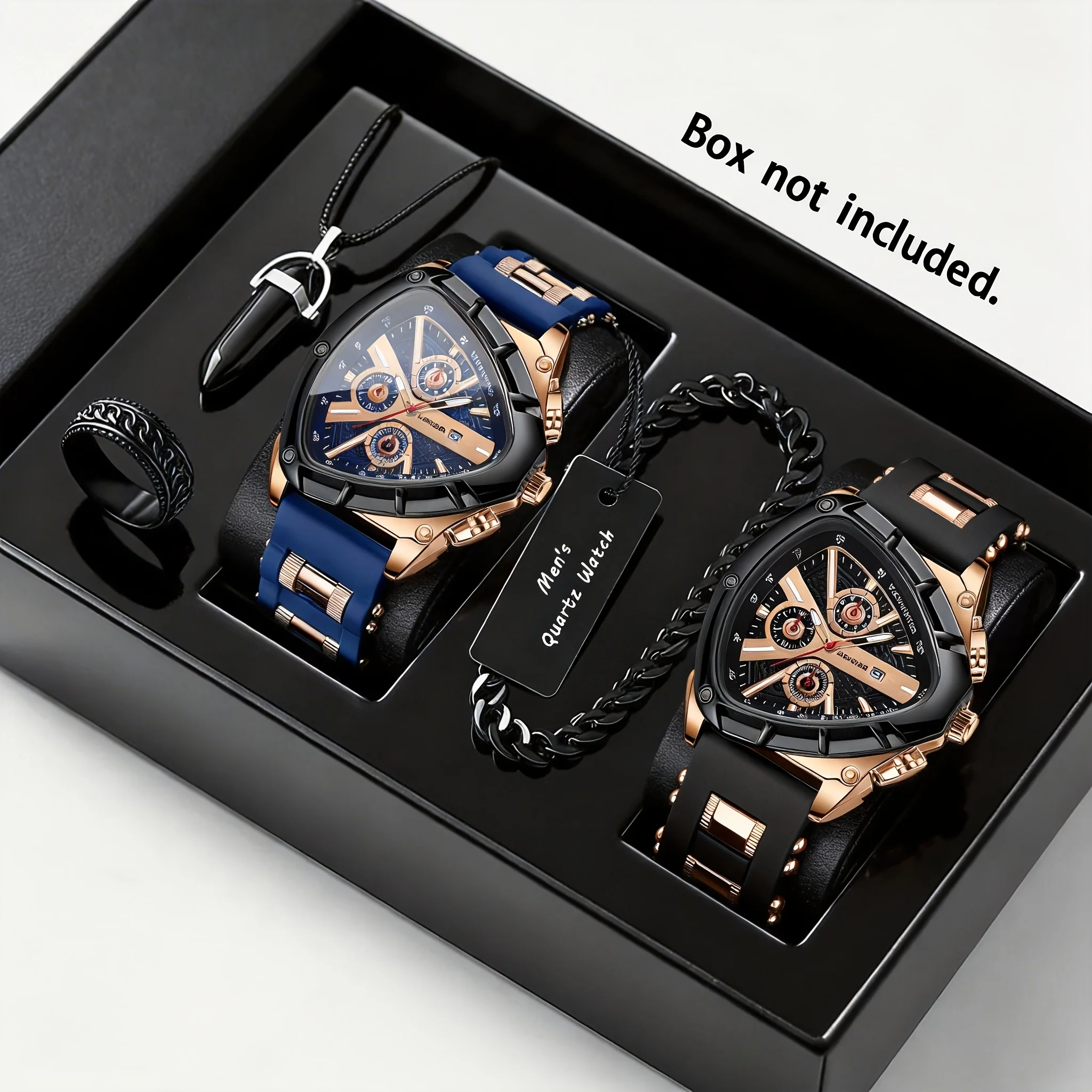 Five-piece men's business casual quartz watch set, including necklace, bracelet and ring, triangular dial and silicone strap.