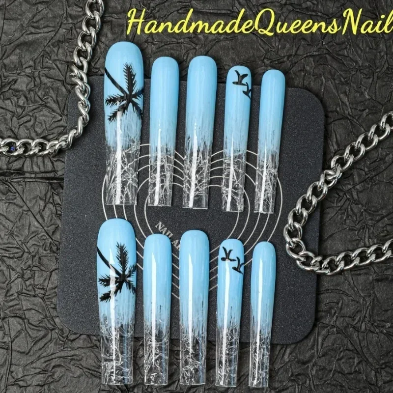 10 Pieces of Hand-made Press-on False Nails, Super Long Ballet-style Hand-painted Summer Coconut Tree Nail Art Set Nail Art