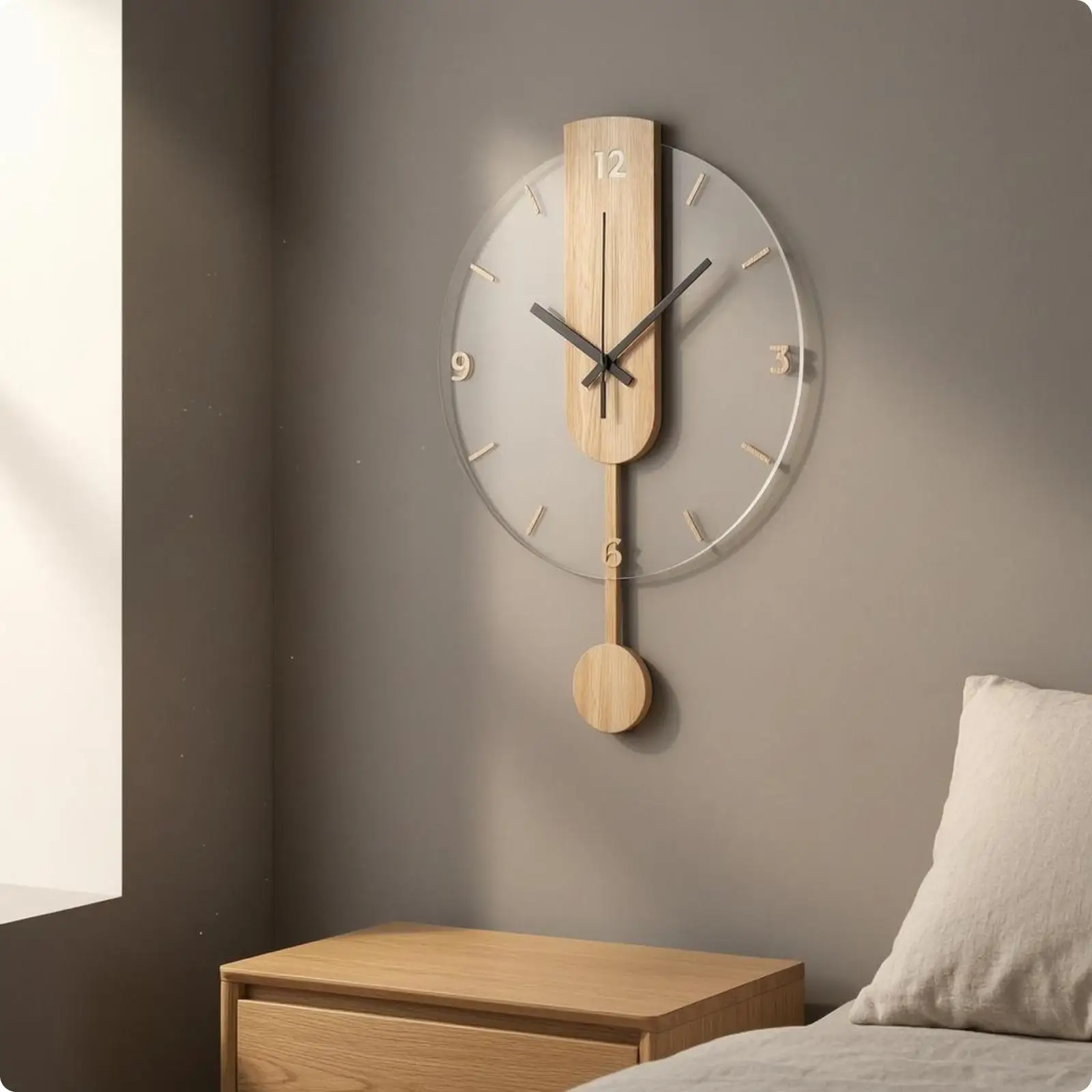Large Wood Acrylic Wall Clock Modern Pendulum Mechanism Raised Numbers Simple Decor Wall Hanging for Living Room Study