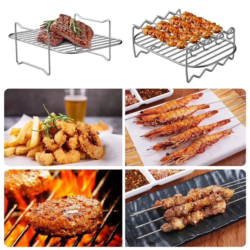 Kitchen Grill Air Fryer Rack for Ninja Dual Air Fryer with Barbecue Sticks for Double Basket Air Fryers Oven Microwave Baking