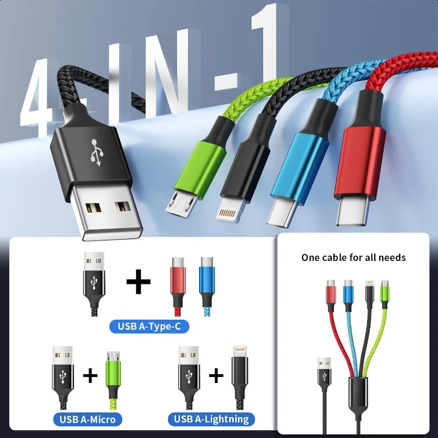 كابل شحن متعدد للسفر [عبوة من النايلون 5 أقدام] 4 في 1 أسلاك شحن كابل USB شاحن هاتف مع IP Type C Type C Micro