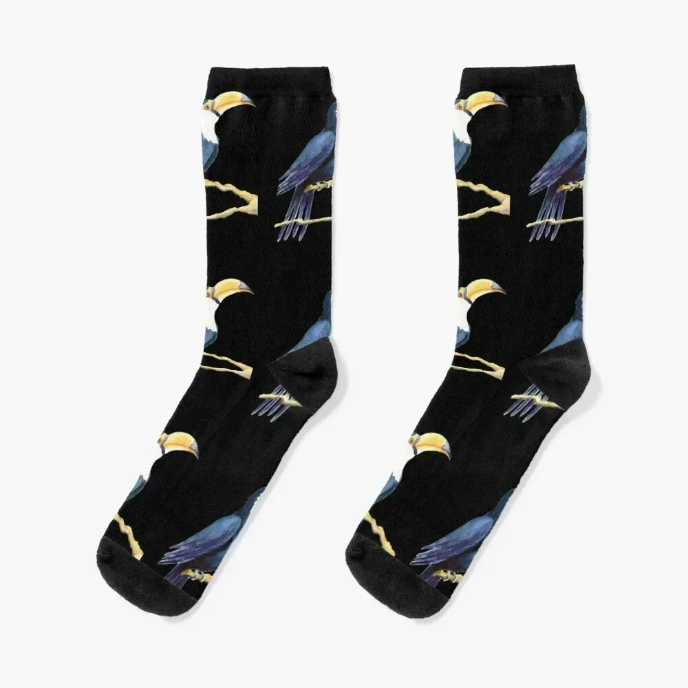 Watercolor Toucan on the branch on the black background Socks anime Sports japanese fashion compression Boy Child Socks Women's