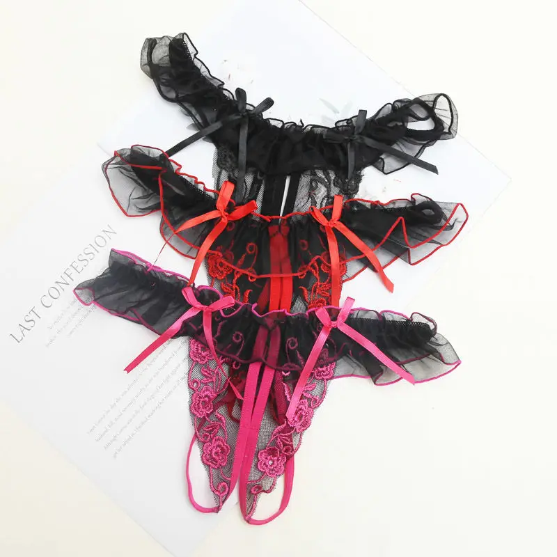 Women's Panties Women's Sexy Open Crotch Temptation Lingerie Seductive Lace Embroidered Bow Panties Female Thong Girl Sheer Wome