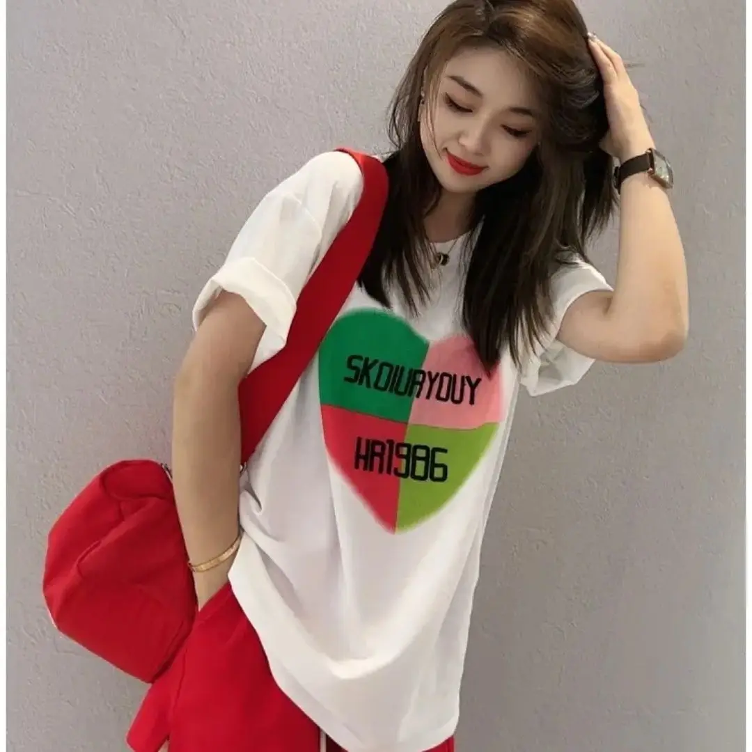 New Cotton Casual Printing O-neck Short Sleeve T-Shirt Two-piece Suit Women Clothing All-match Loose Elastic Waist Matching Sets