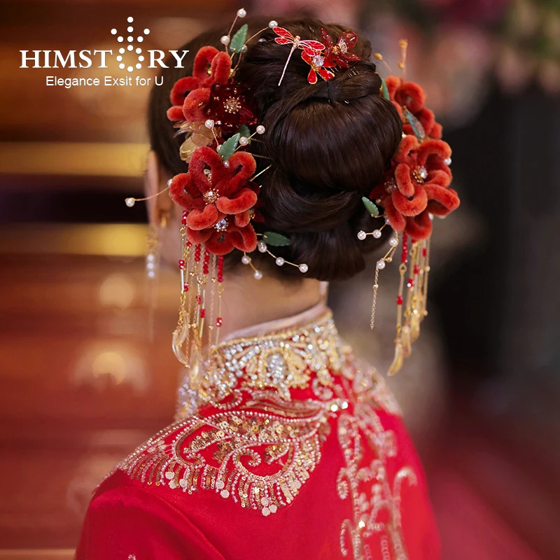 

Himstory Chinese Red Artificial Velvet Flower Ancient Costume Hanfu Hair Accessories Retro Wedding Bride Xiuhe Head Jewelries
