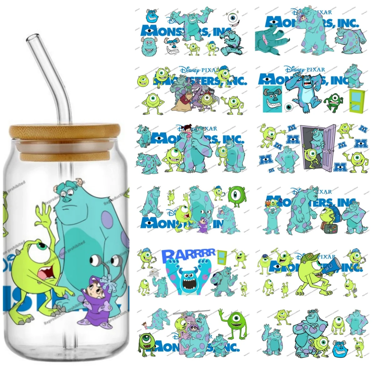 Pegatina de transferencia UV DTF con patrón de dibujos animados de Monsters Inc, calcomanías de transferencia impermeables para regalo de regreso a casa de vidrio de 16oz, pegatina para envolver tazas