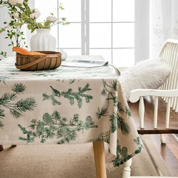 Green Printed Pines Birds Tablecloths Rectangle Cotton Linen Table Cloth Table Cover for Kitchen Dining Tables Picnic Decoration