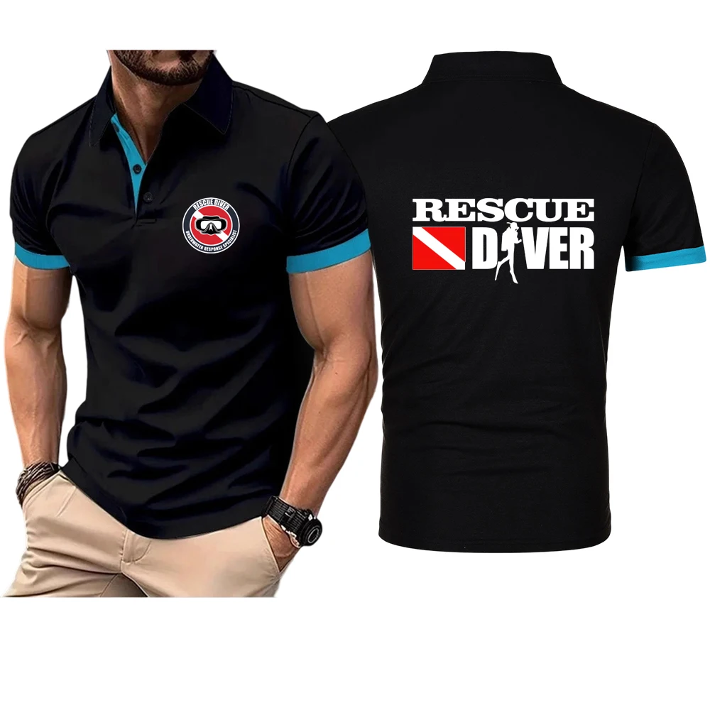 2025 Rescue Diver Men's New Summer Fashion Cotton Breathable Polos Shirt Scuba Diving Print Casual Solid Color Slim Fit Top