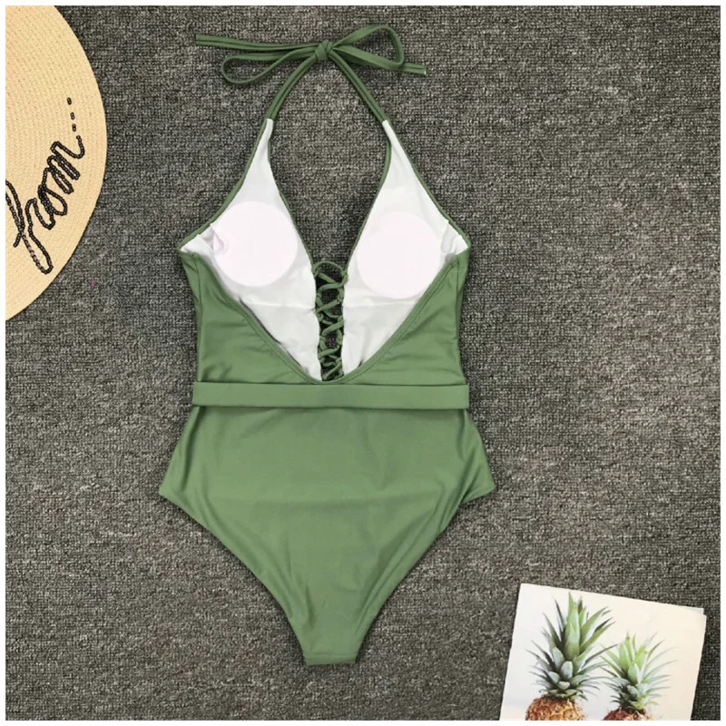 One Piece Swimsuit Women\'s Backless Swimwear Bandage Belt Buckle Bodysuit High Cut Monokini Summer Beachwear Deep V Neck Bikini