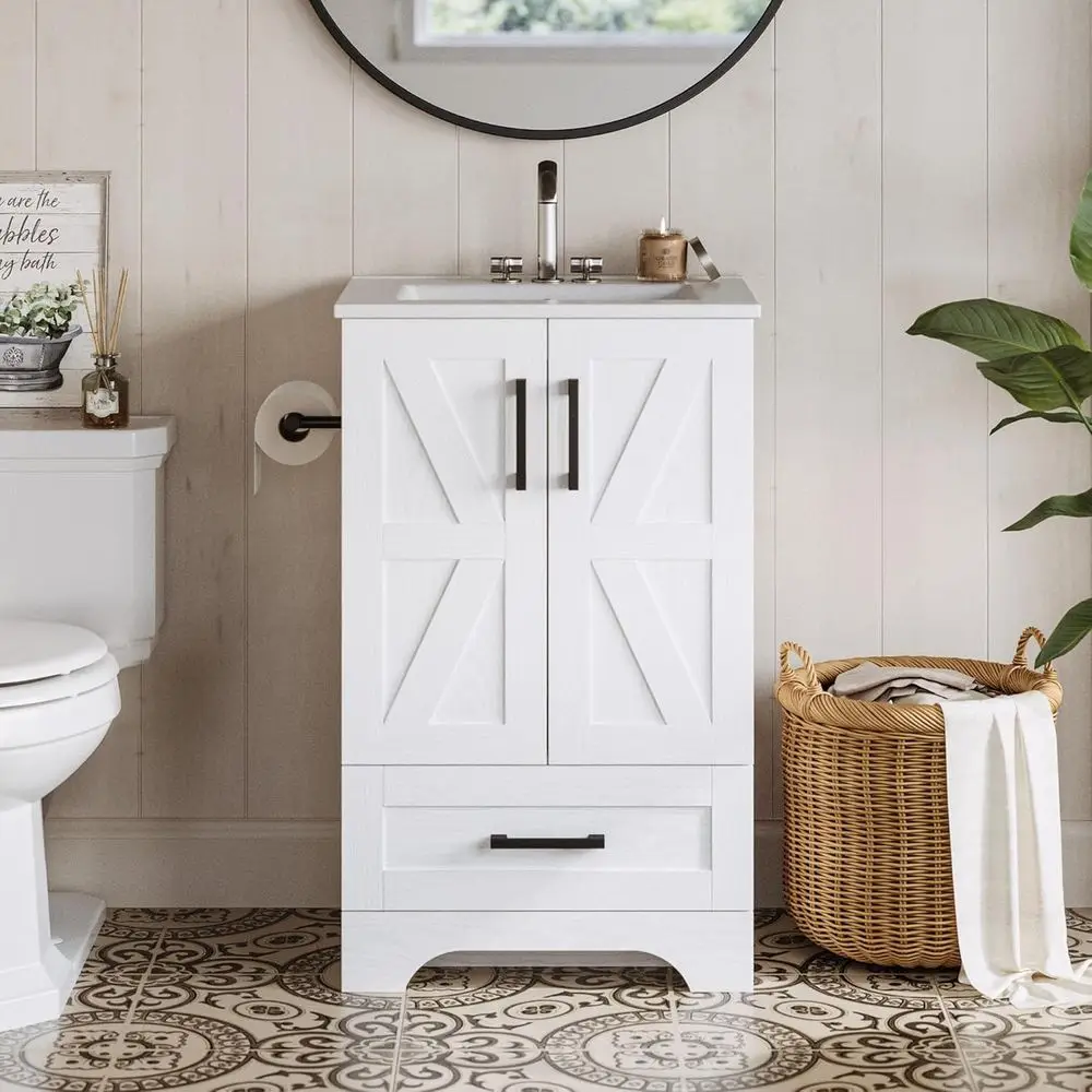 

20 Bathroom Vanity with Sink, Wood Fixture Stand Pedestal Cabinet with Drawer, Easy Assembly