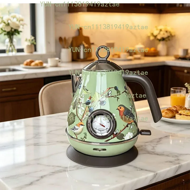 1.7L Light Luxury Decal Electric Kettle Green Vintage Floral Bird Kettle Mechanical Thermometer Boil Dry Protection