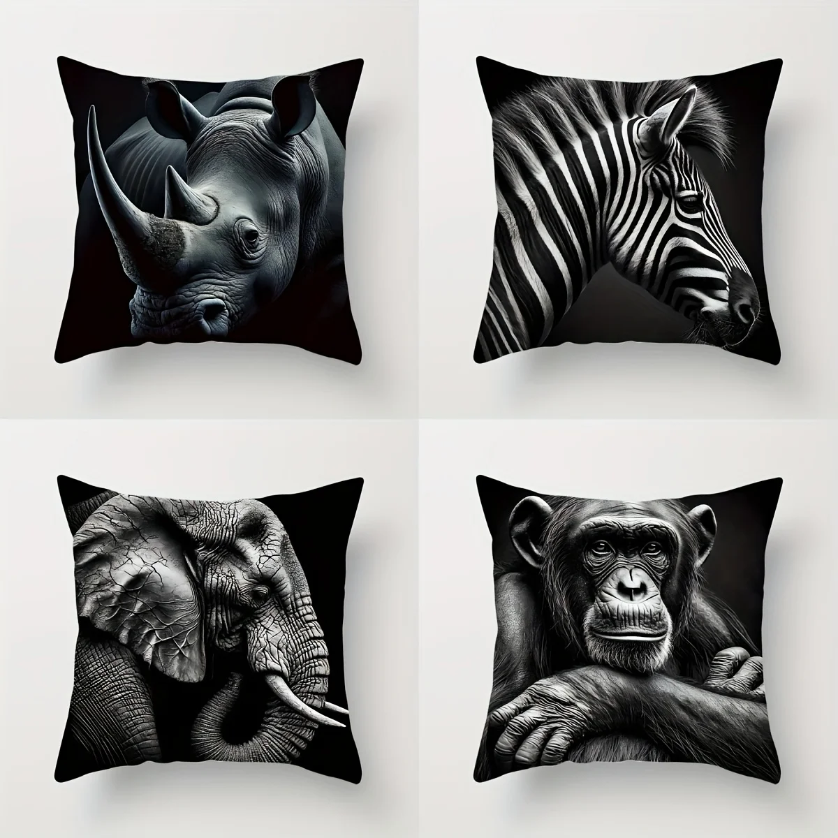 Set of 4 Animal Print Pillow Covers – Rhino, Zebra, Orangutan & Elephant,  Ideal for Sofa, Bedroom & Outdoor Decor.