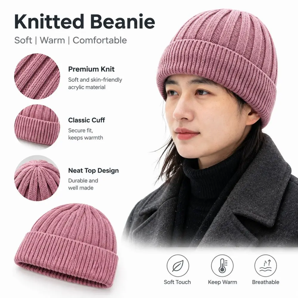 Ribbed Knit Knitted Beanie Hat Thick Warm Ear Protection Warm Skull Cap Elastic Cuff Solid Winter Knit Hat Outdoor Cycling