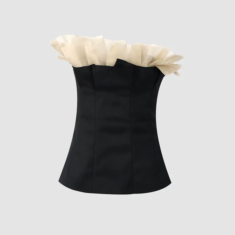 Women's organza-paneled top, waist-cinching boning, sleeveless bandeau top, high-quality set, 2026, new style, Y2K, corset