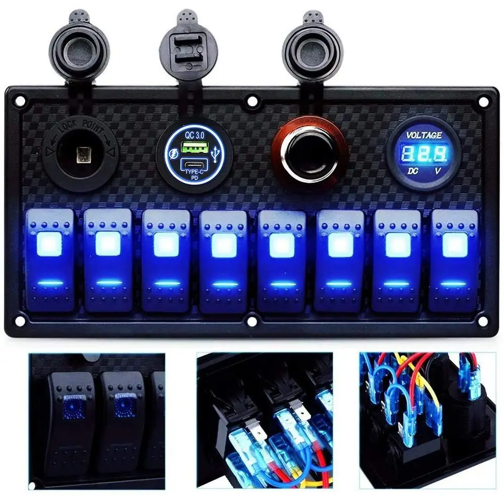 

Marine Switch Panel - 8 Gang Waterproo Rocker Panel With Circuit Breaker, USB & Type-C , Digital Voleter, Cigarette Socket, 12V