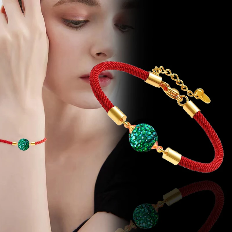 SINLEERY Classic Green Blue Pink Black Crystal Ball Red Rope Chain Bracelets For Women Fashion Jewelry SL205