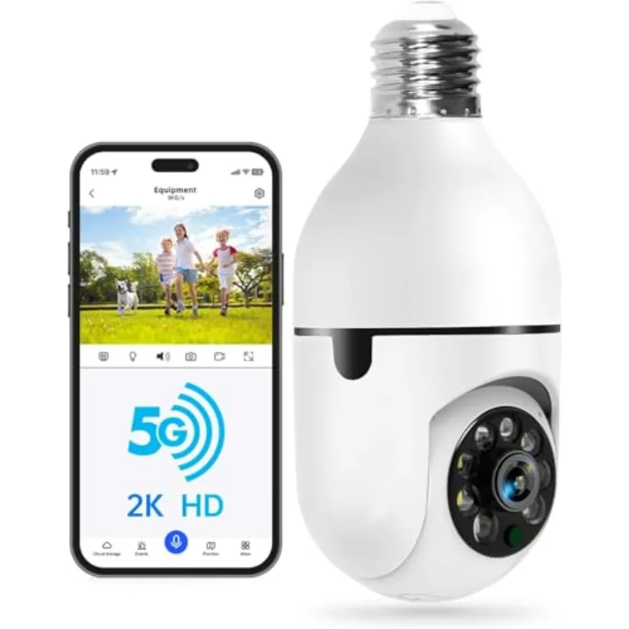 Light Bulb Security Camera -5Gand 2.4GHz WiFi 2K Security Cameras Wireless Outdoor Motion Detection and Alarm, Two-Way Talk, Co