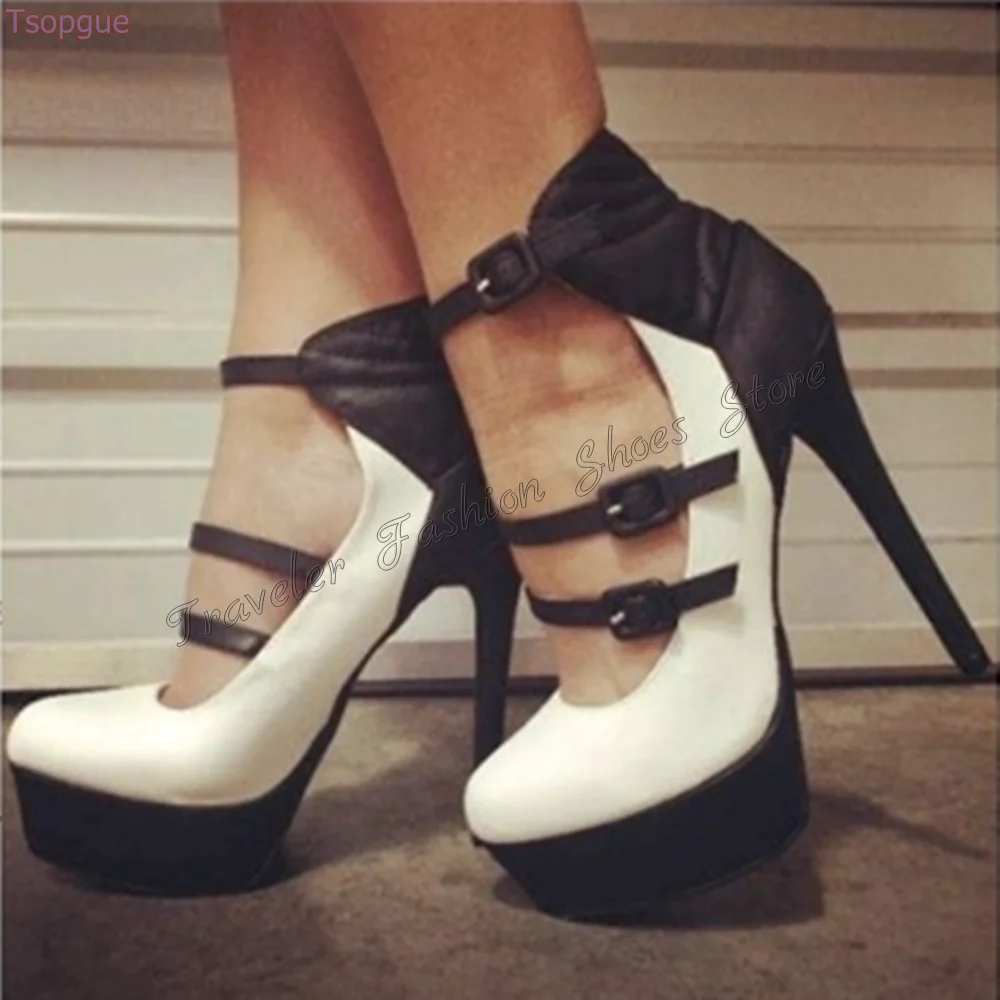 

White Platform Ankle Buckle Pumps Stilettos High Heels Matte Leather High Heel Shoes for Women Heels 2024 New Zapatos Para Mujer